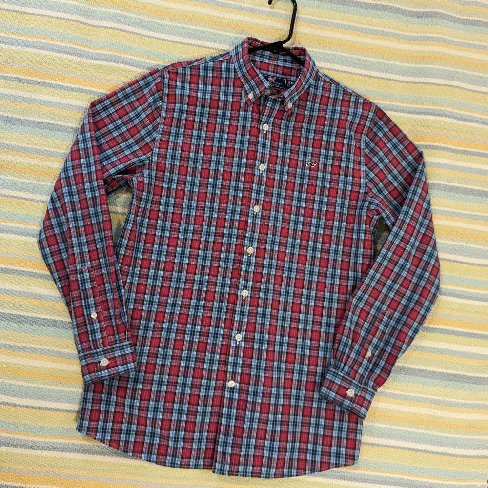 ⭐ Boy's Vineyard Vines 'The Whale' button down shirt (red, blue & green) XL (18)